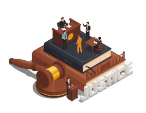 Ilustração isométrica de um tribunal em miniatura sobre um livro e um martelo de juiz, representando conceitos de justiça e julgamento.